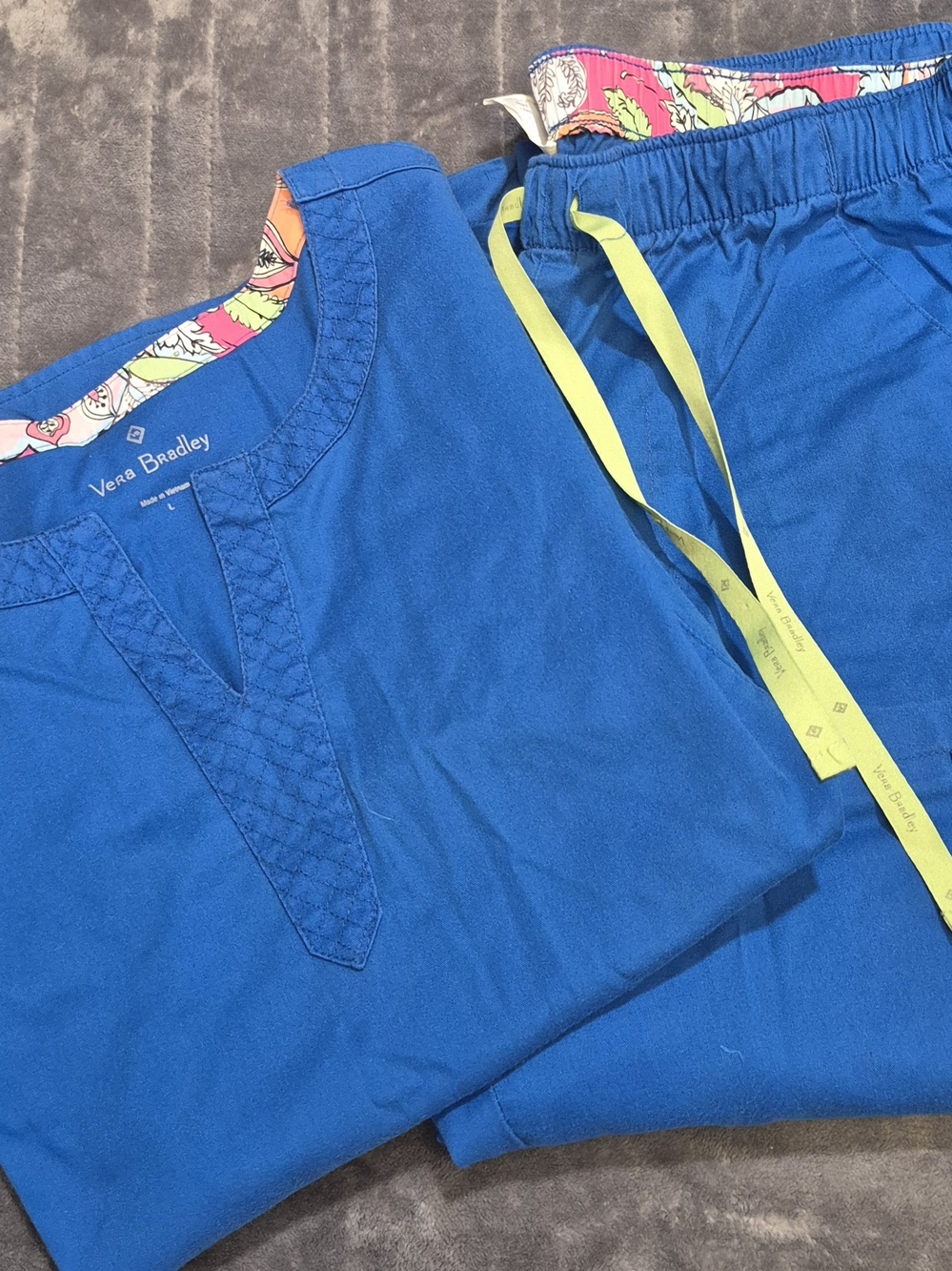 Vera Bradley Bright Royal Blue Scrub Set with Neon Yellow Trim